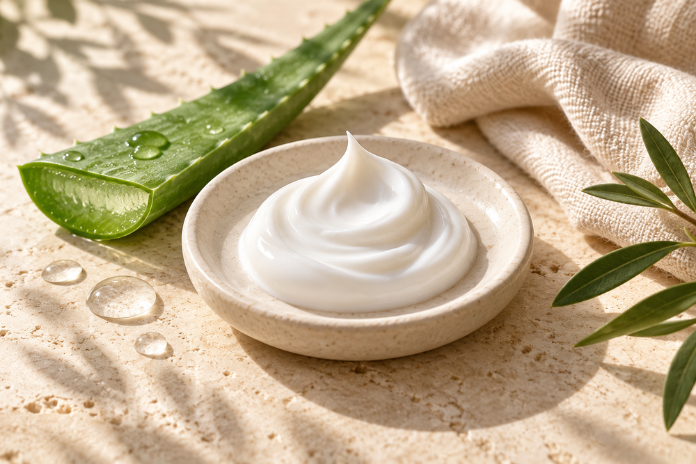 AI-created editorial illustration of aloe, lotion and linen in warm natural light