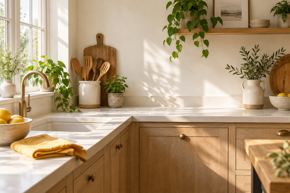 Kitchen inspiration illustration with pale wood cabinets, a clear countertop and yellow accents.
