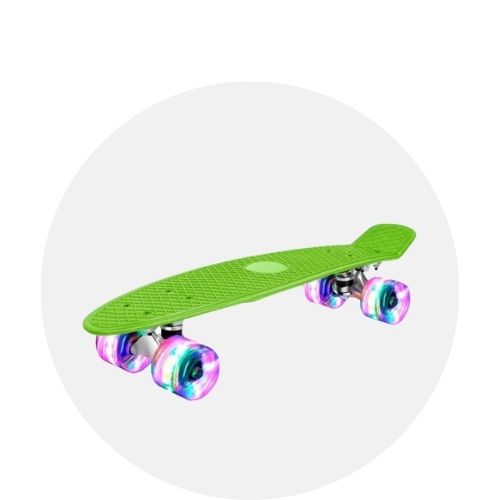 A vibrant green penny skateboard with a sleek design and smooth wheels, ideal for urban skating.