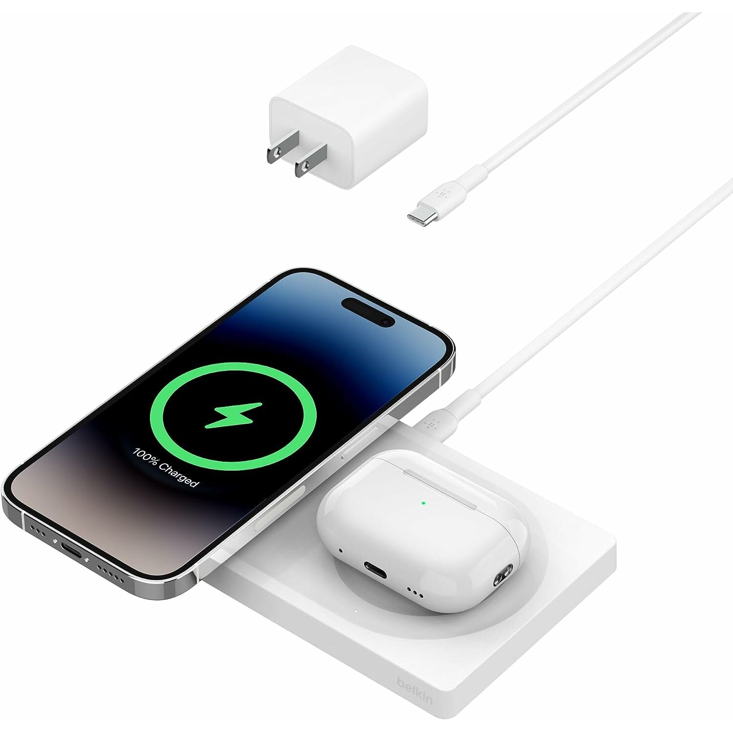 Belkin BoostCharge Pro 2-in-1 Wireless Charging Pad with MagSafe 15W: Dual Charging for iPhone & AirPods - White
