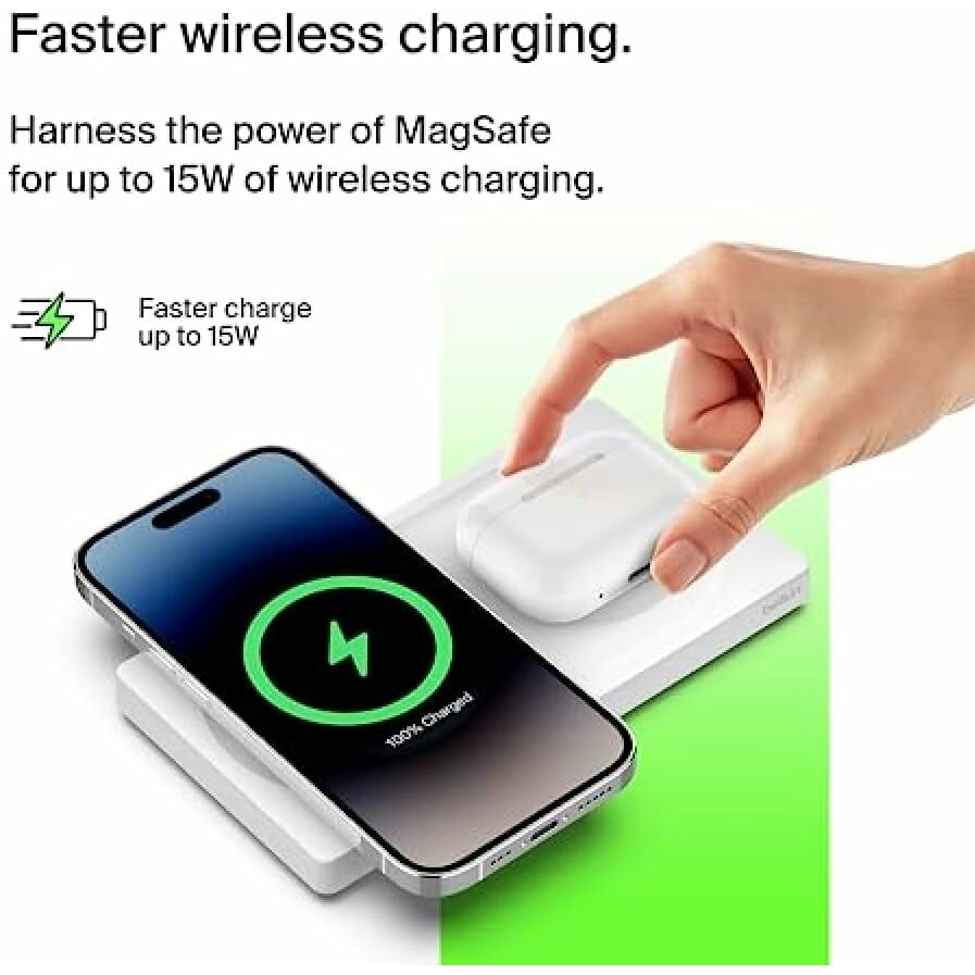 Belkin BoostCharge Pro 2-in-1 Wireless Charging Pad with MagSafe 15W: Dual Charging for iPhone & AirPods - White