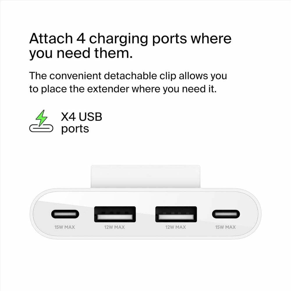 Belkin BoostCharge 4-Port USB Power Extender Compatible w/USB-C & USB-A Connections - White