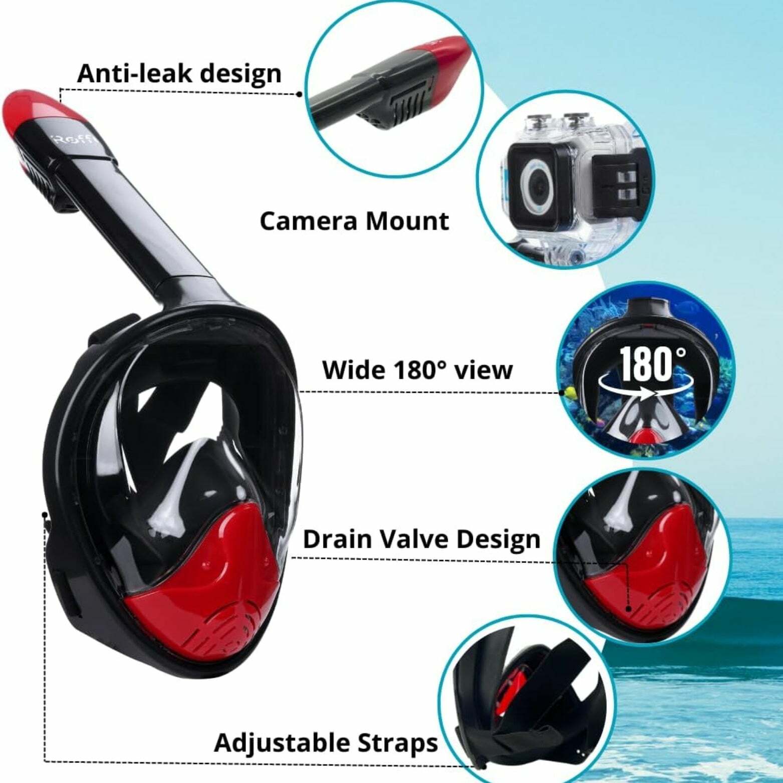 ROFFT - Full Face Snorkel Mask, Anti Fog, Panoramic with Camera Mount, Adults, Black/Red
