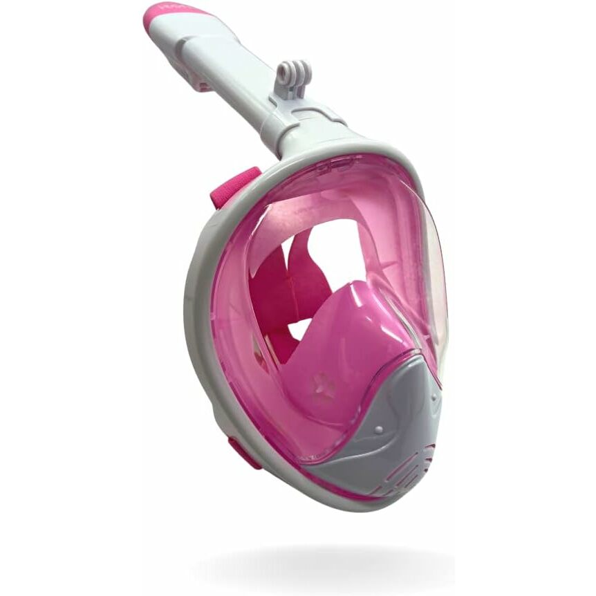 ROFFT - Full Face Snorkel Mask, Anti Fog, Panoramic with Camera Mount, Adults, Pink/White