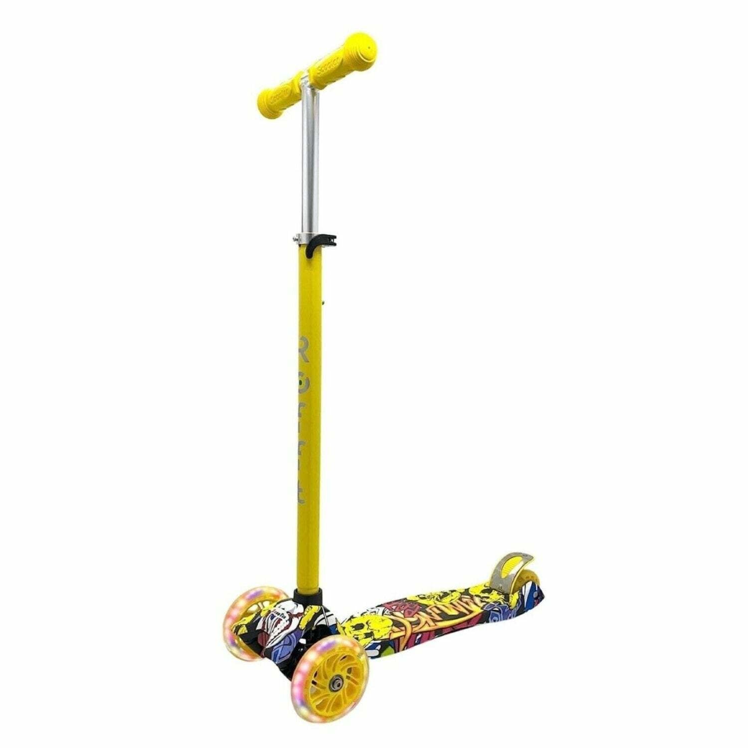ROFFT - Kick Scooter Maxi, 3 Wheel, Lean-to-Steer, LED, Kids Ages 6-12 Graffiti Yellow