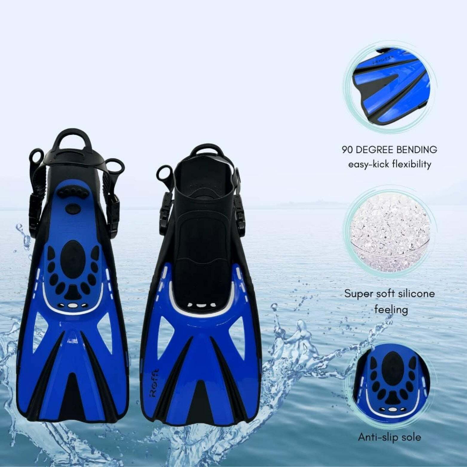 ROFFT Adjustable Long Floating Fins - Perfect for Snorkeling, Swimming, Diving, Adult Unisex, Blue