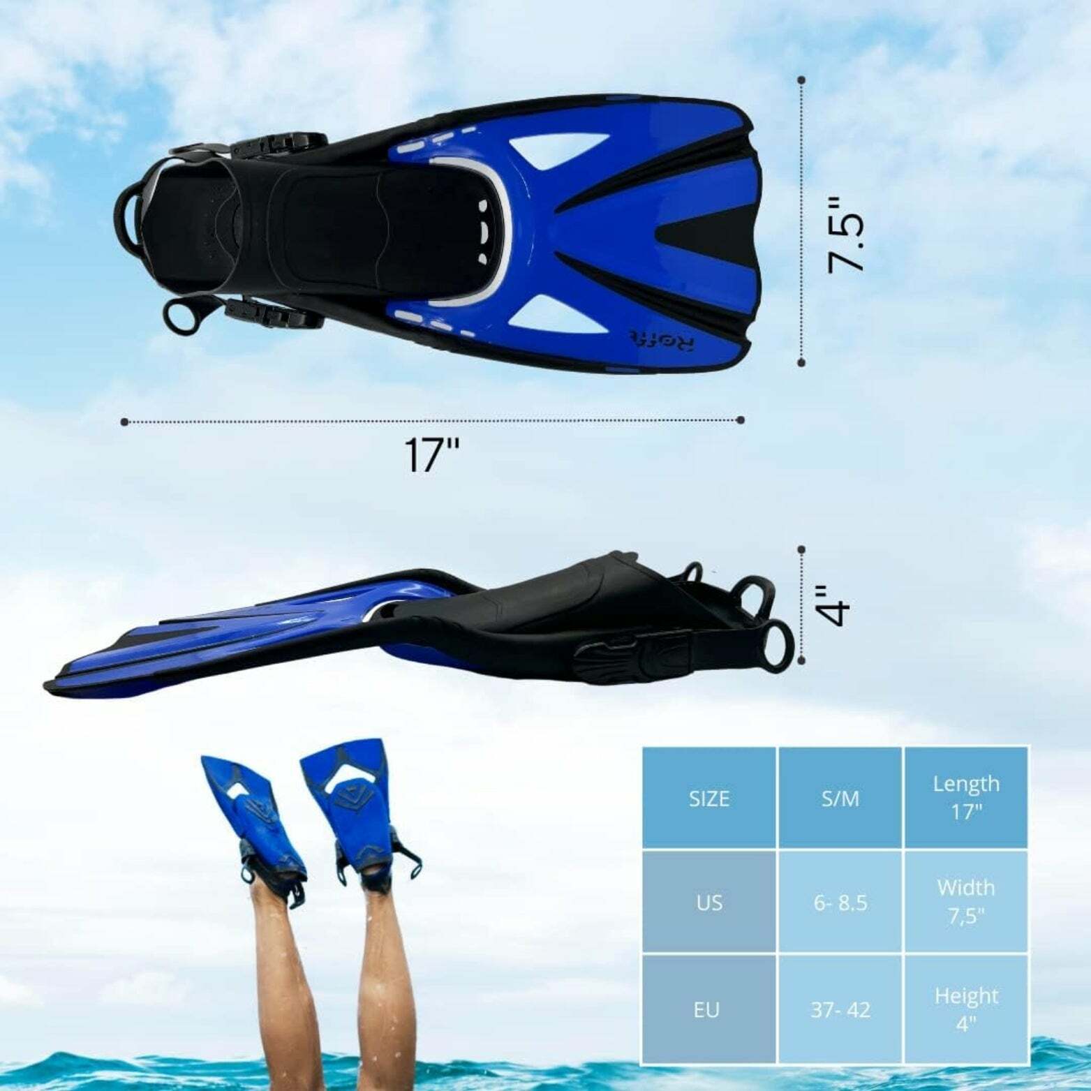 ROFFT Adjustable Long Floating Fins - Perfect for Snorkeling, Swimming, Diving, Adult Unisex, Blue