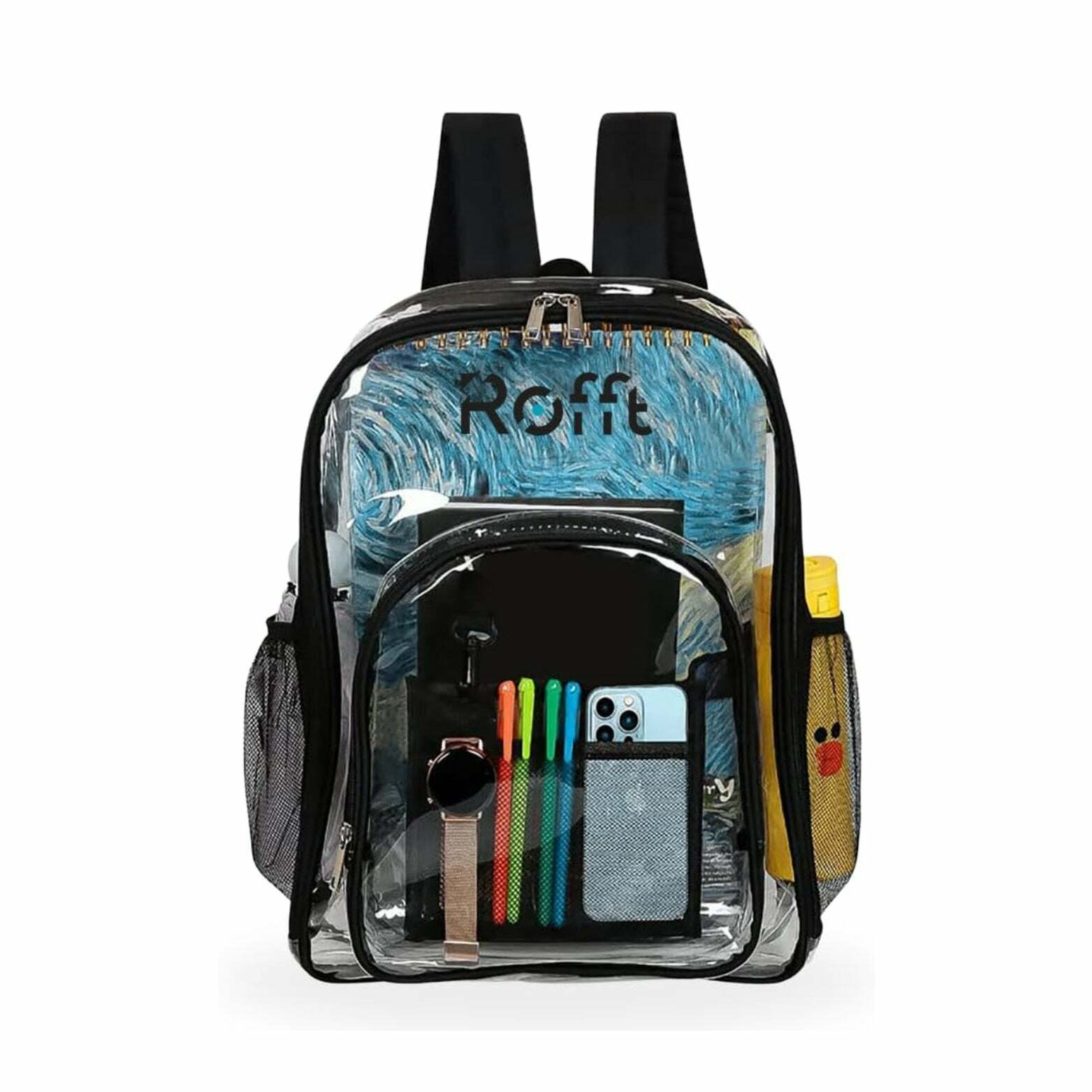 ROFFT Medium Clear Backpack - Durable PVC with Reinforced Straps and Multiple Pockets, Black