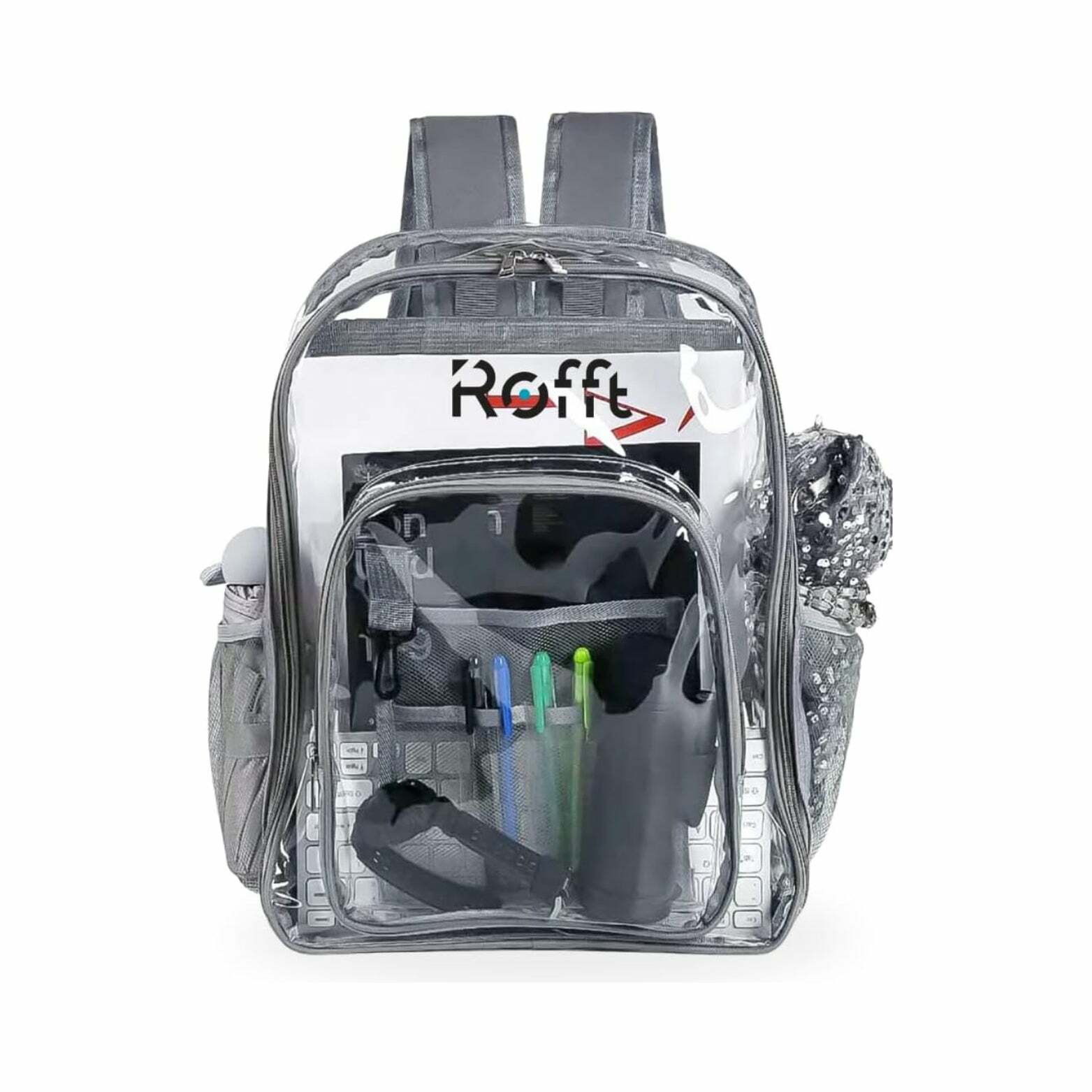 ROFFT Medium Clear Backpack - Durable PVC with Reinforced Straps and Multiple Pockets, Gray