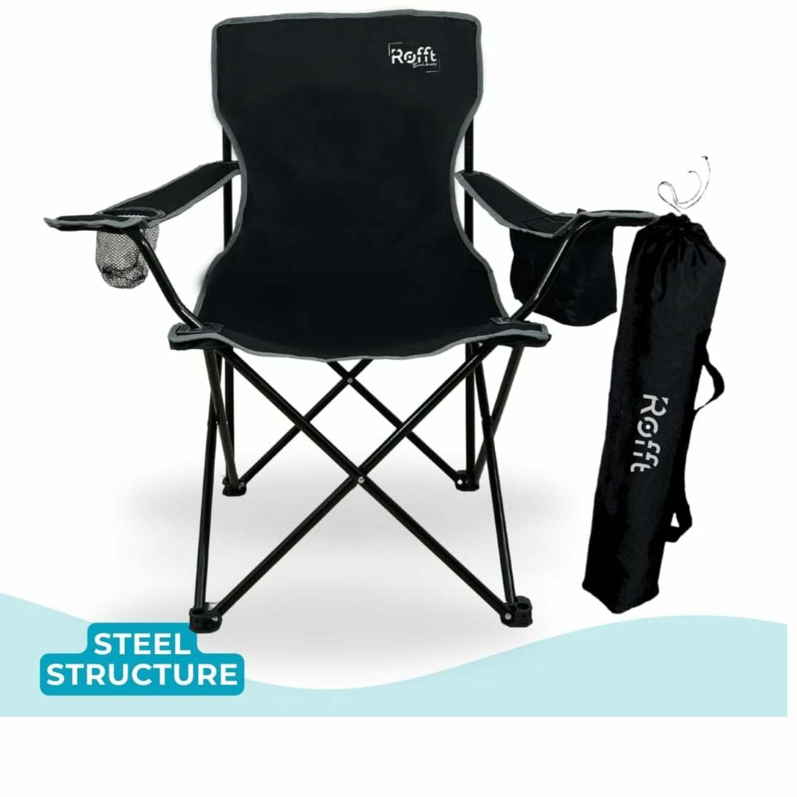ROFFT Portable Camping Chair - Cooler Pocket, Cup Holder, Alloy Steel Frame - Black