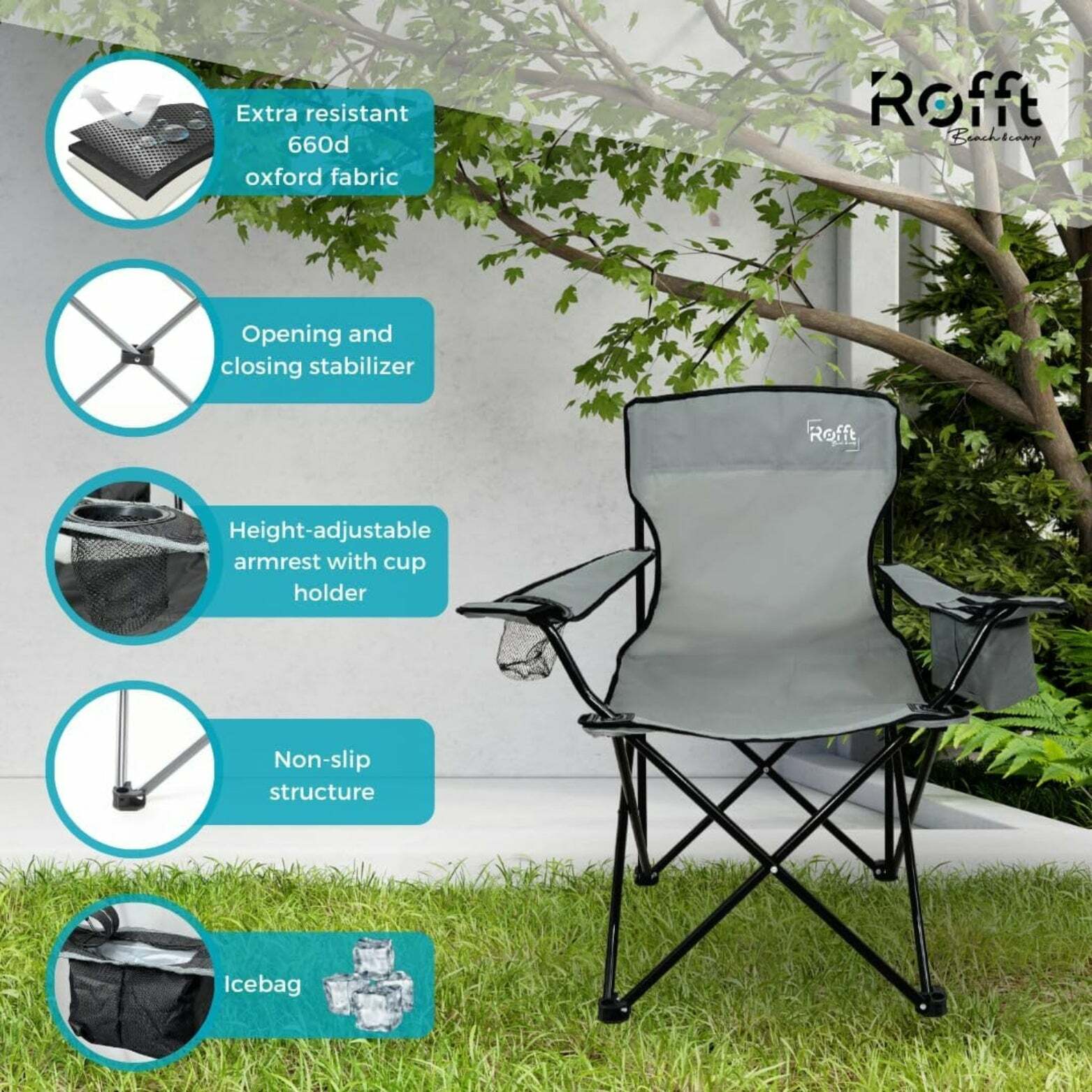 ROFFT Portable Camping Chair - Cooler Pocket, Cup Holder, Alloy Steel Frame - Gray