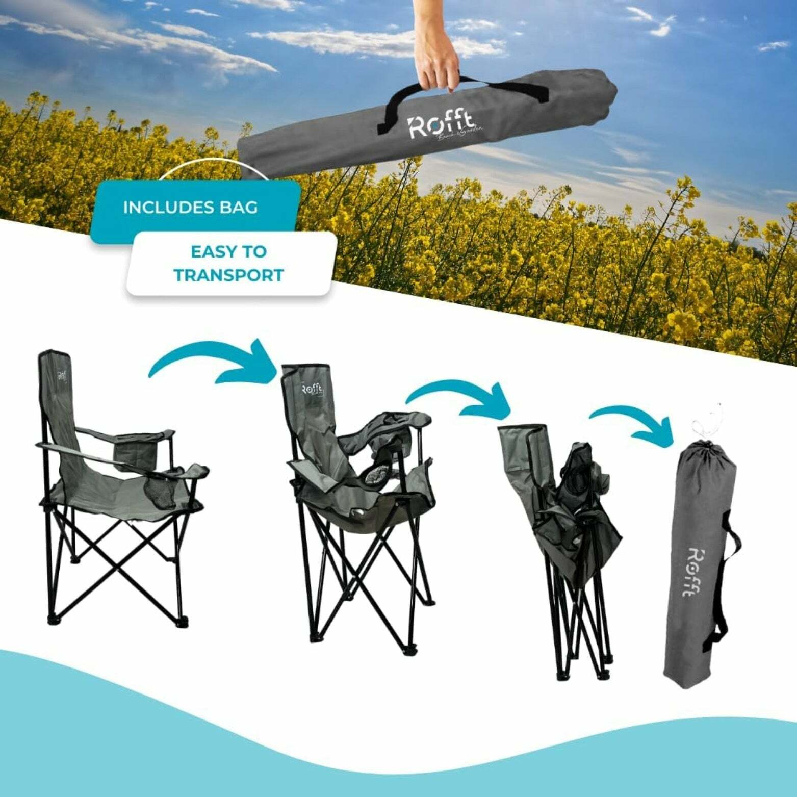 ROFFT Portable Camping Chair - Cooler Pocket, Cup Holder, Alloy Steel Frame - Gray
