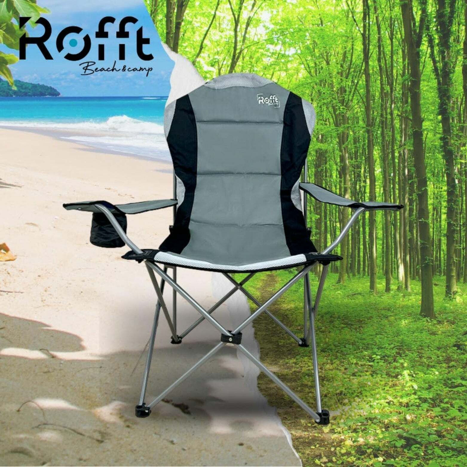 ROFFT Portable Camping Chair with Cooler - Collapsible, Comfort Padded, Cup Holder, Carry Bag Included, Grey
