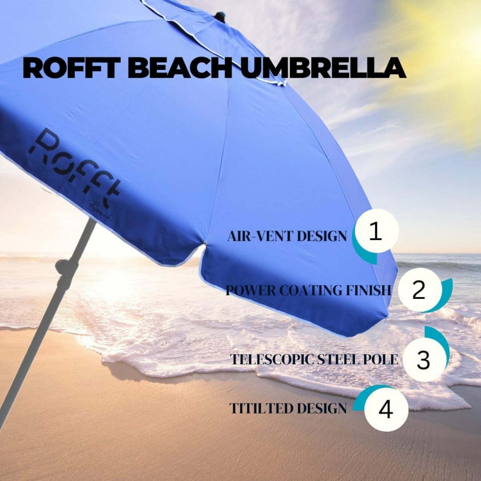 ROFFT Sturdy Beach Umbrella with UV Protection and Windproof -7.8 Ft Coverage, Steel & Aluminum Pole, Tilt Adjustment - Blue