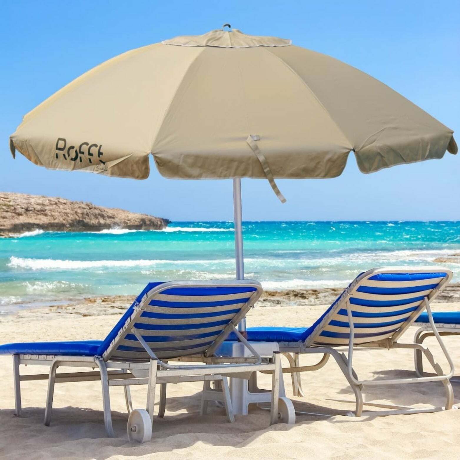 ROFFT Sturdy Beach Umbrella with UV Protection and Windproof Design - 6.5 Ft Coverage, Steel & Aluminum Pole, Tilt Adjustment - Beige