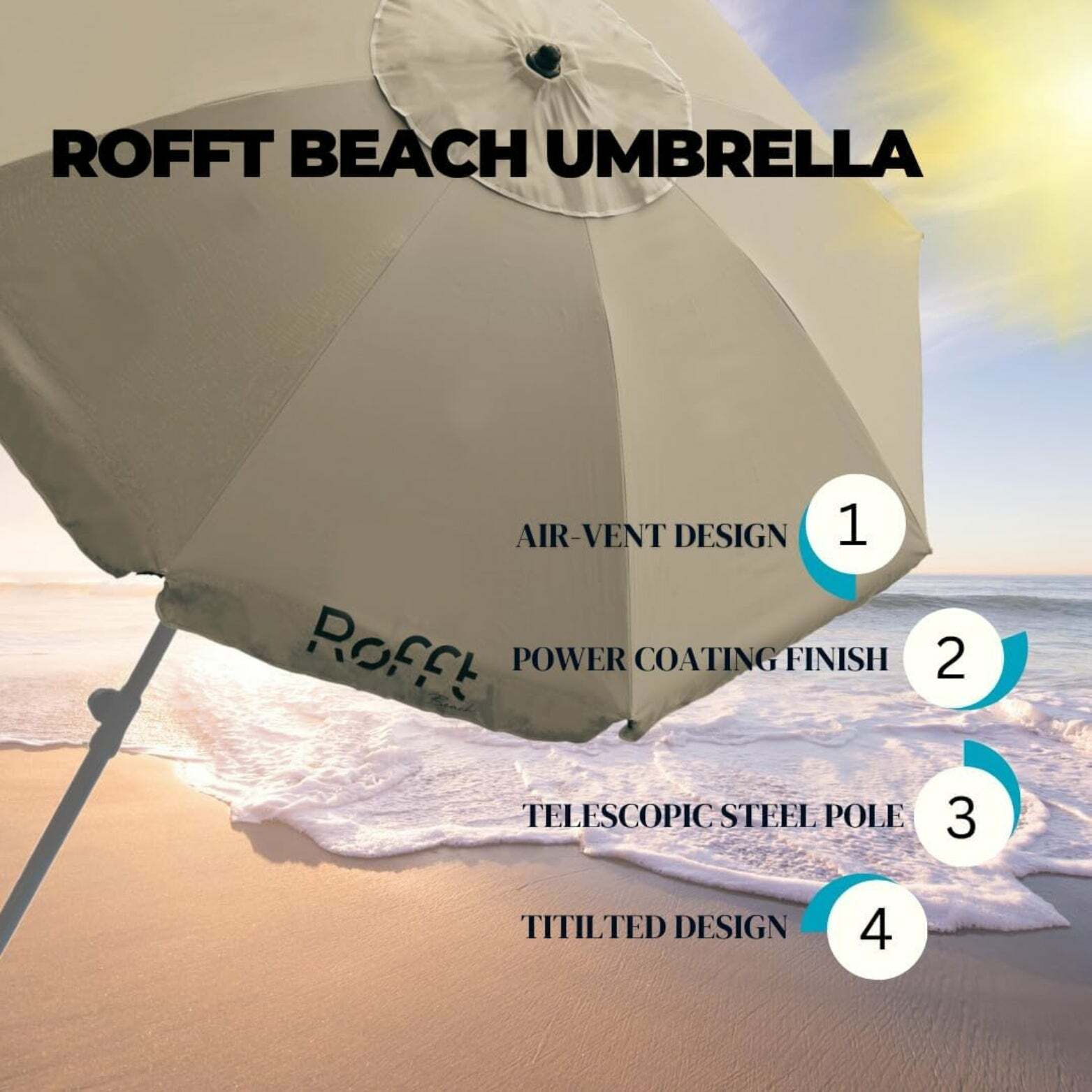 ROFFT Sturdy Beach Umbrella with UV Protection and Windproof Design - 6.5 Ft Coverage, Steel & Aluminum Pole, Tilt Adjustment - Beige
