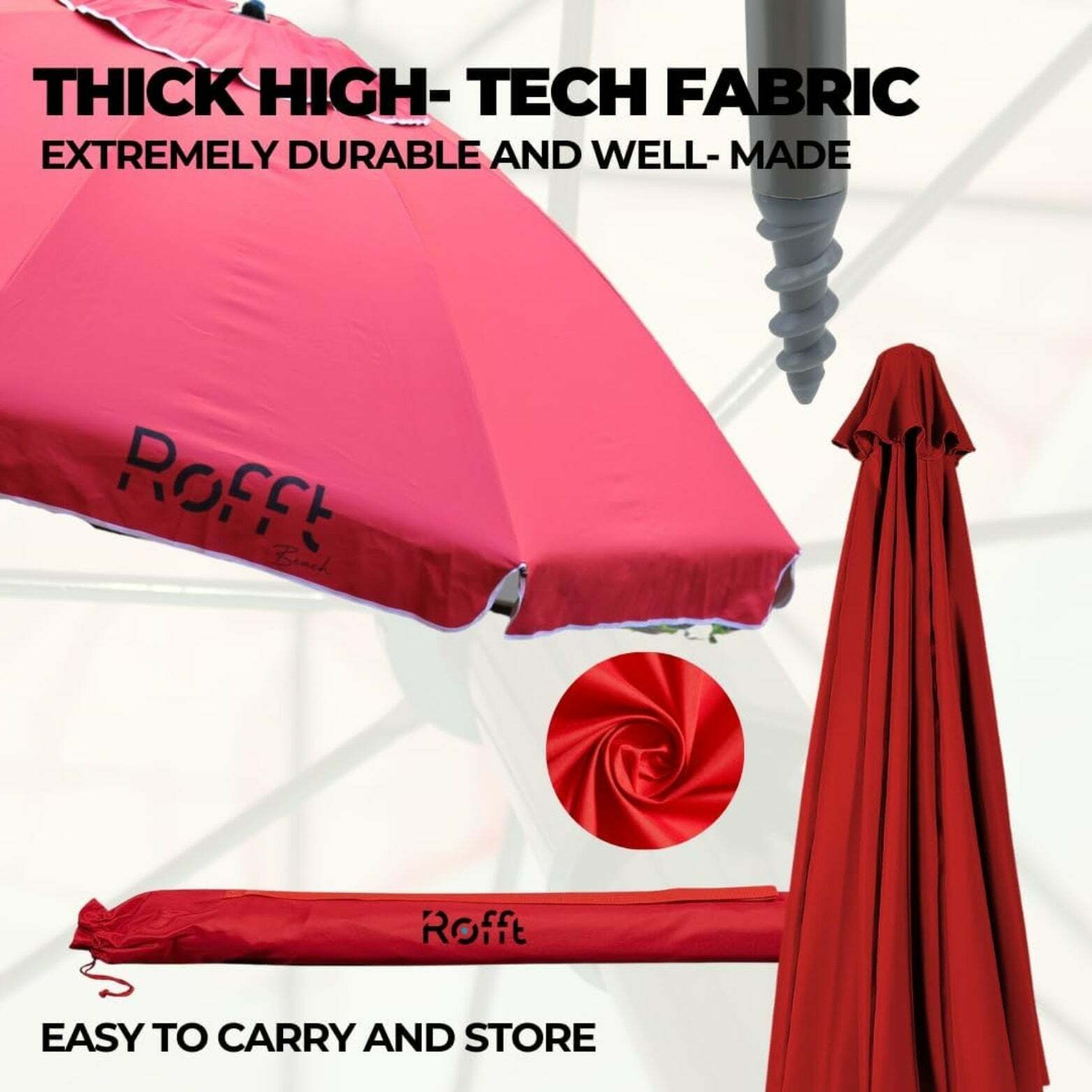 ROFFT Sturdy Beach Umbrella with UV Protection and Windproof Design - 6.5 Ft Coverage, Steel & Aluminum Pole, Tilt Adjustment - Red