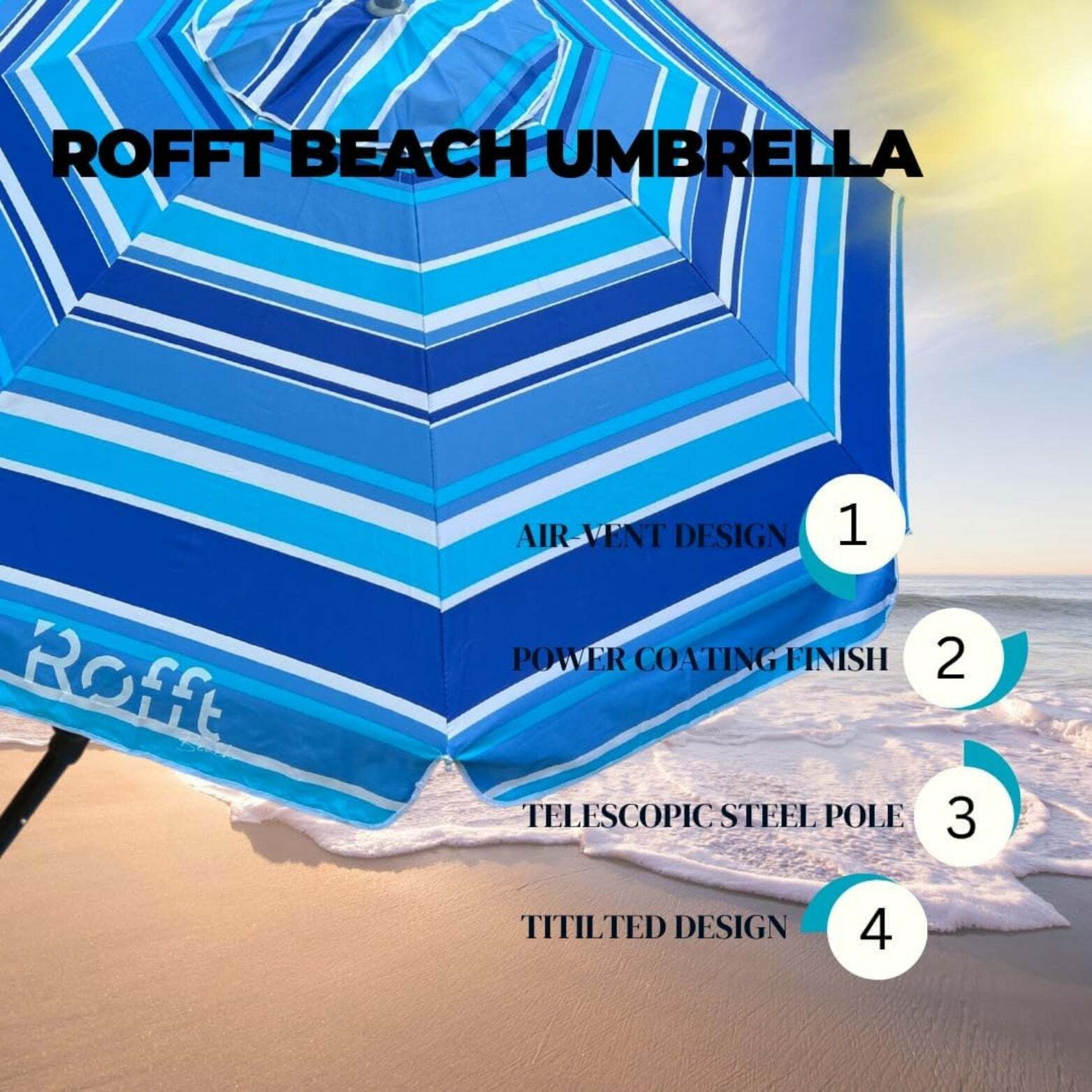 ROFFT Sturdy Beach Umbrella with UV Protection and Windproof Design - 6.5 Ft Coverage, Steel & Aluminum Pole, Tilt Adjustment- Blue Stripes