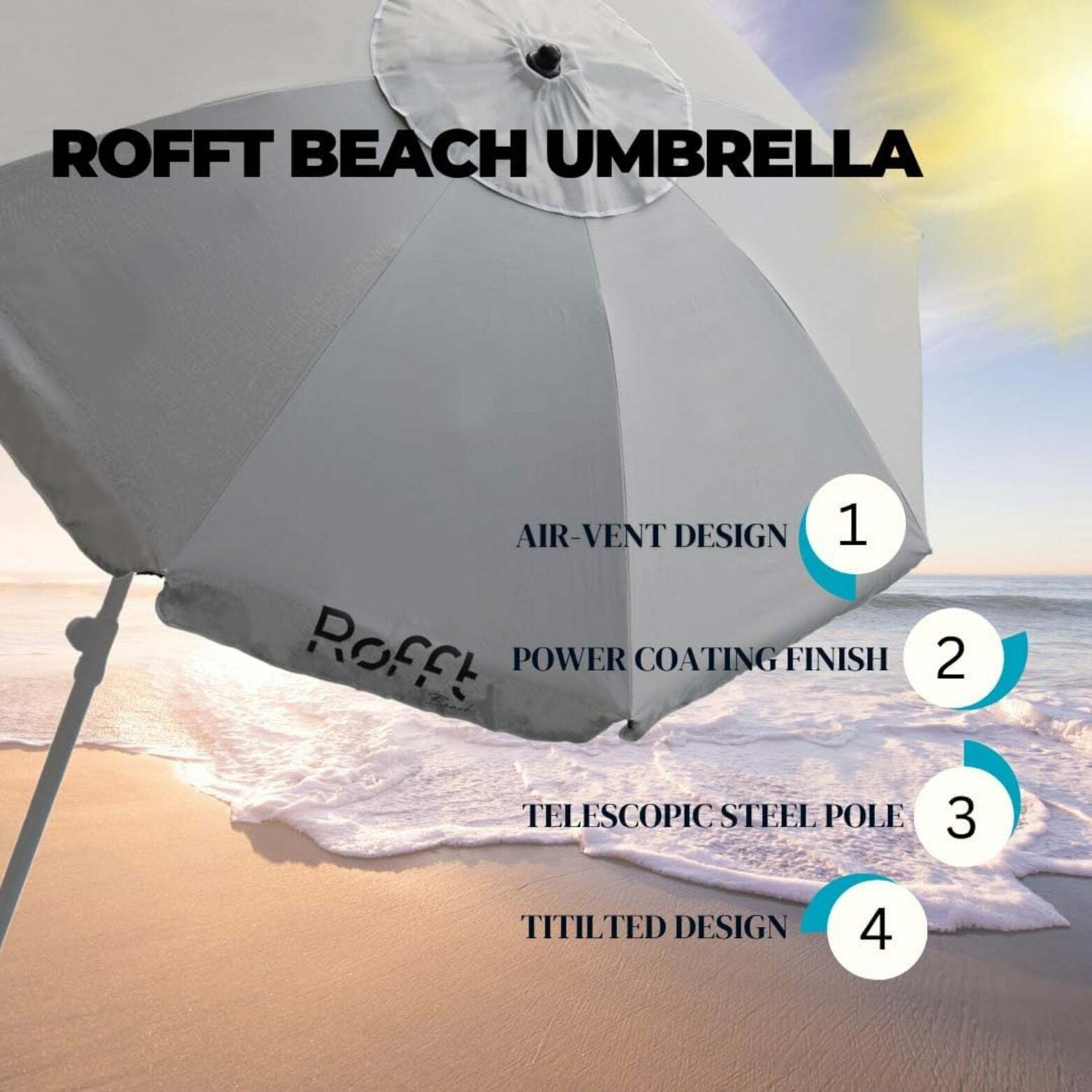 ROFFT Sturdy Beach Umbrella with UV Protection and Windproof Design - 6.5 Ft Coverage, Steel & Aluminum Pole, Tilt Adjustment- Gray