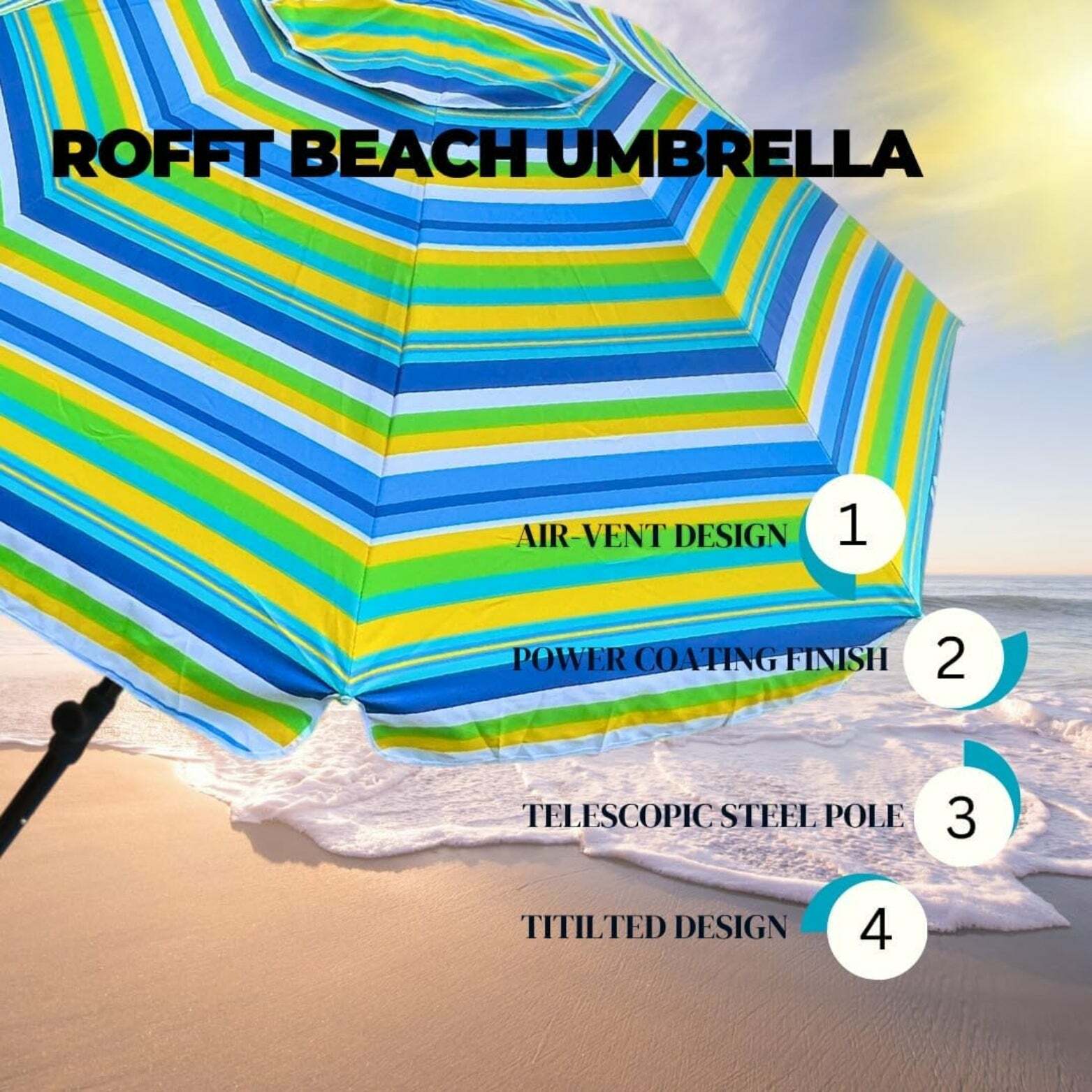 ROFFT Sturdy Beach Umbrella with UV Protection and Windproof Design - 6.5 Ft Coverage, Steel & Aluminum Pole, Tilt Adjustment- Green Stripes