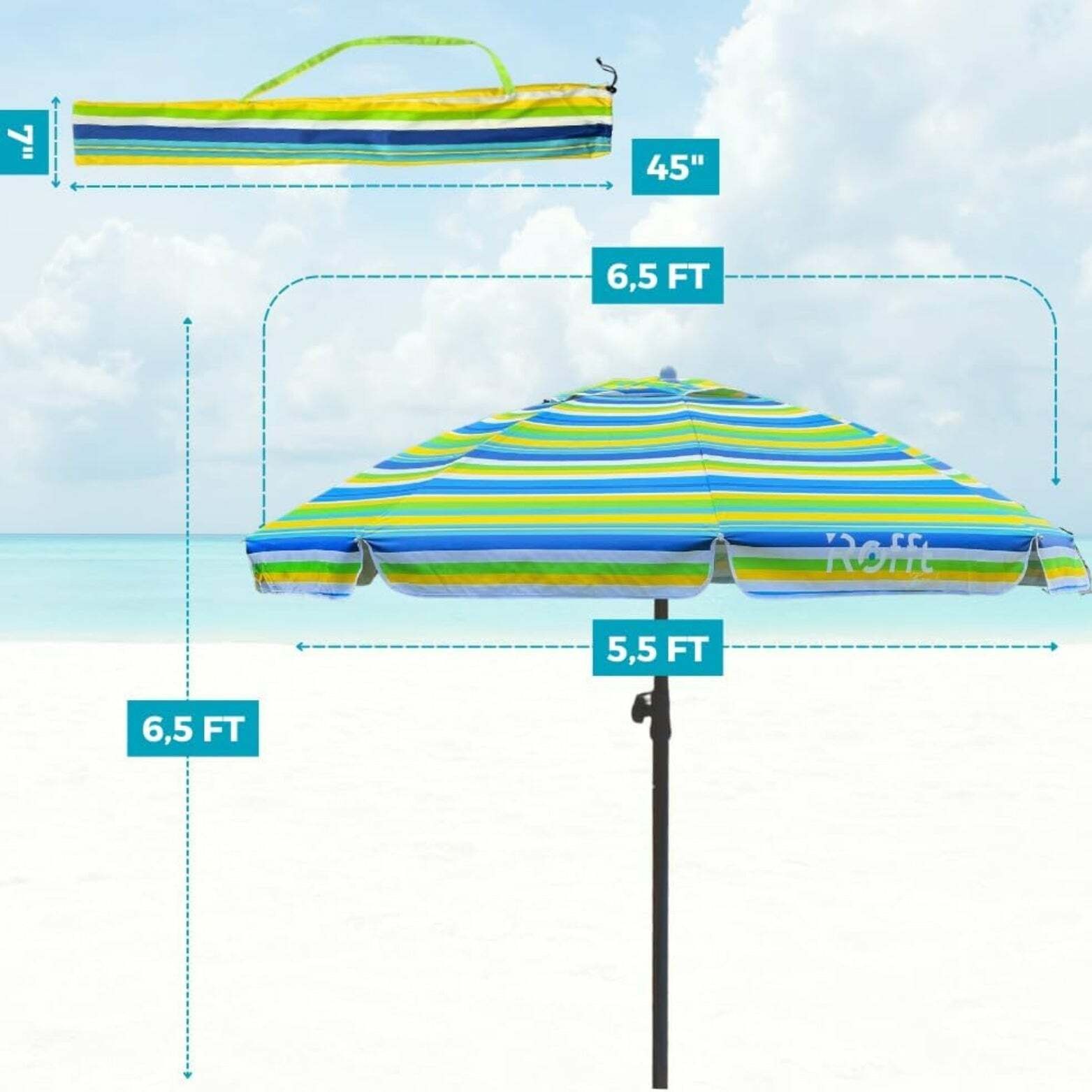 ROFFT Sturdy Beach Umbrella with UV Protection and Windproof Design - 6.5 Ft Coverage, Steel & Aluminum Pole, Tilt Adjustment- Green Stripes