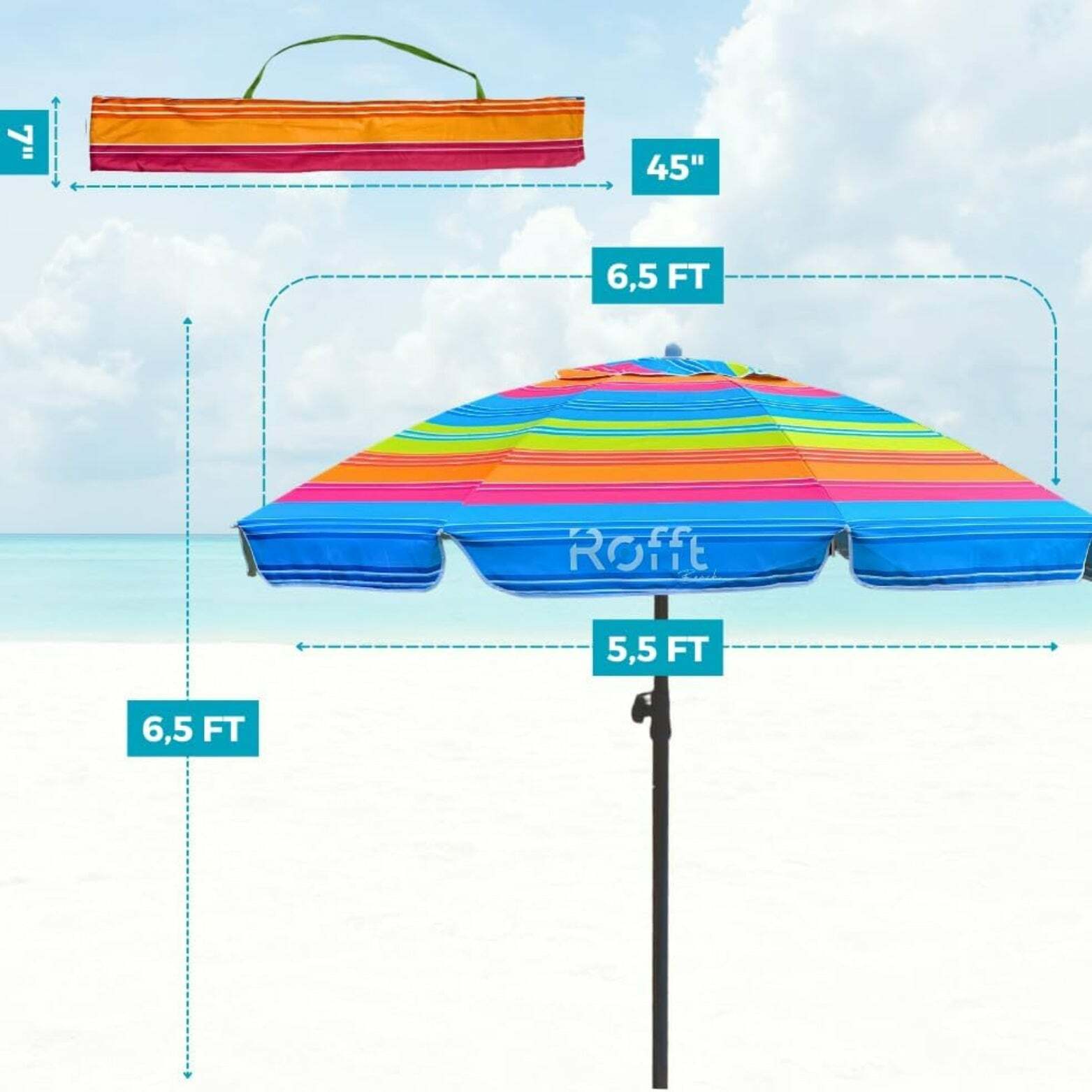 ROFFT Sturdy Beach Umbrella with UV Protection and Windproof Design - 6.5 Ft Coverage, Steel & Aluminum Pole, Tilt Adjustment- Multicolor