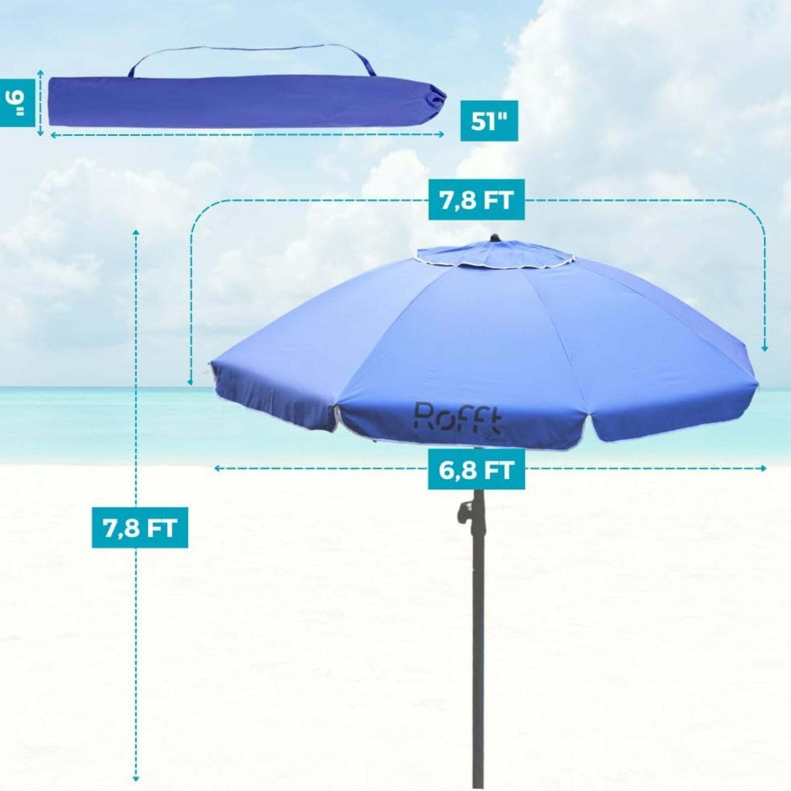ROFFT Sturdy Beach Umbrella with UV Protection and Windproof Design - 6.5 Ft Coverage, Steel & Aluminum Pole, Tilt Adjustment