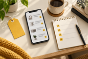 Editorial illustration of a yellow discount tag, shopping checklist and phone on a light desk