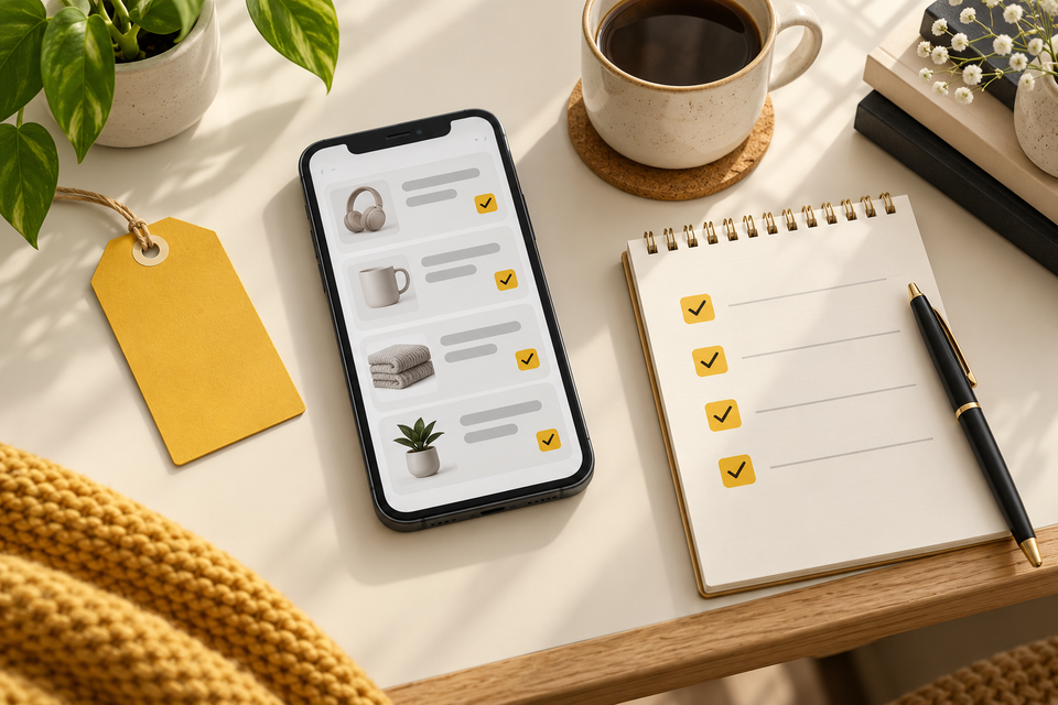 Editorial illustration of a yellow discount tag, shopping checklist and phone on a light desk
