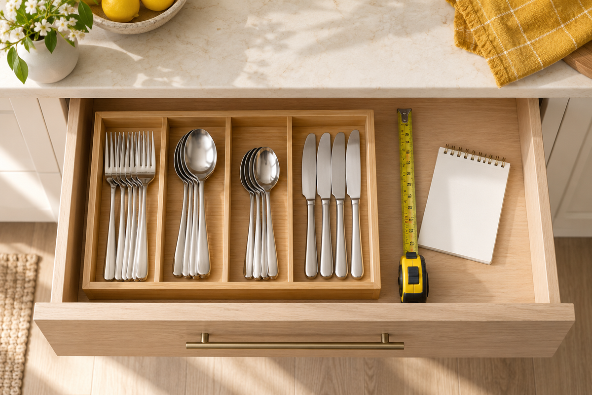 Illustration of a bamboo cutlery organizer in an open kitchen drawer with a measuring tape