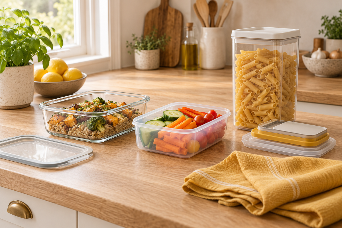 Illustration of glass and plastic food containers with vegetables and dry pasta on a light kitchen counter