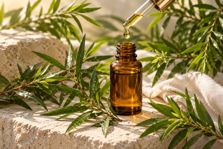 AI-created editorial illustration of tea tree oil in an amber bottle with fresh tea tree leaves