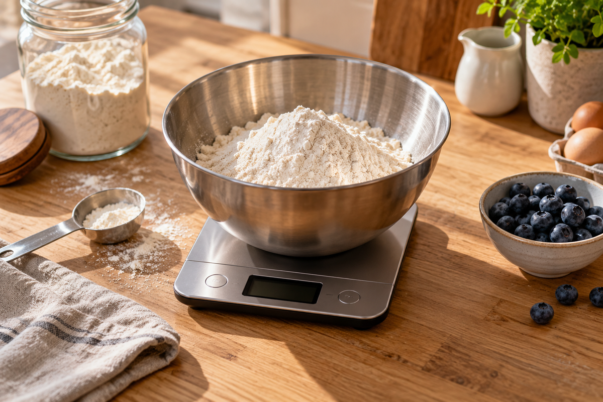AI-created editorial illustration of a generic kitchen scale, mixing bowl and baking ingredients