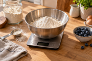 AI-created editorial illustration of a generic kitchen scale, mixing bowl and baking ingredients