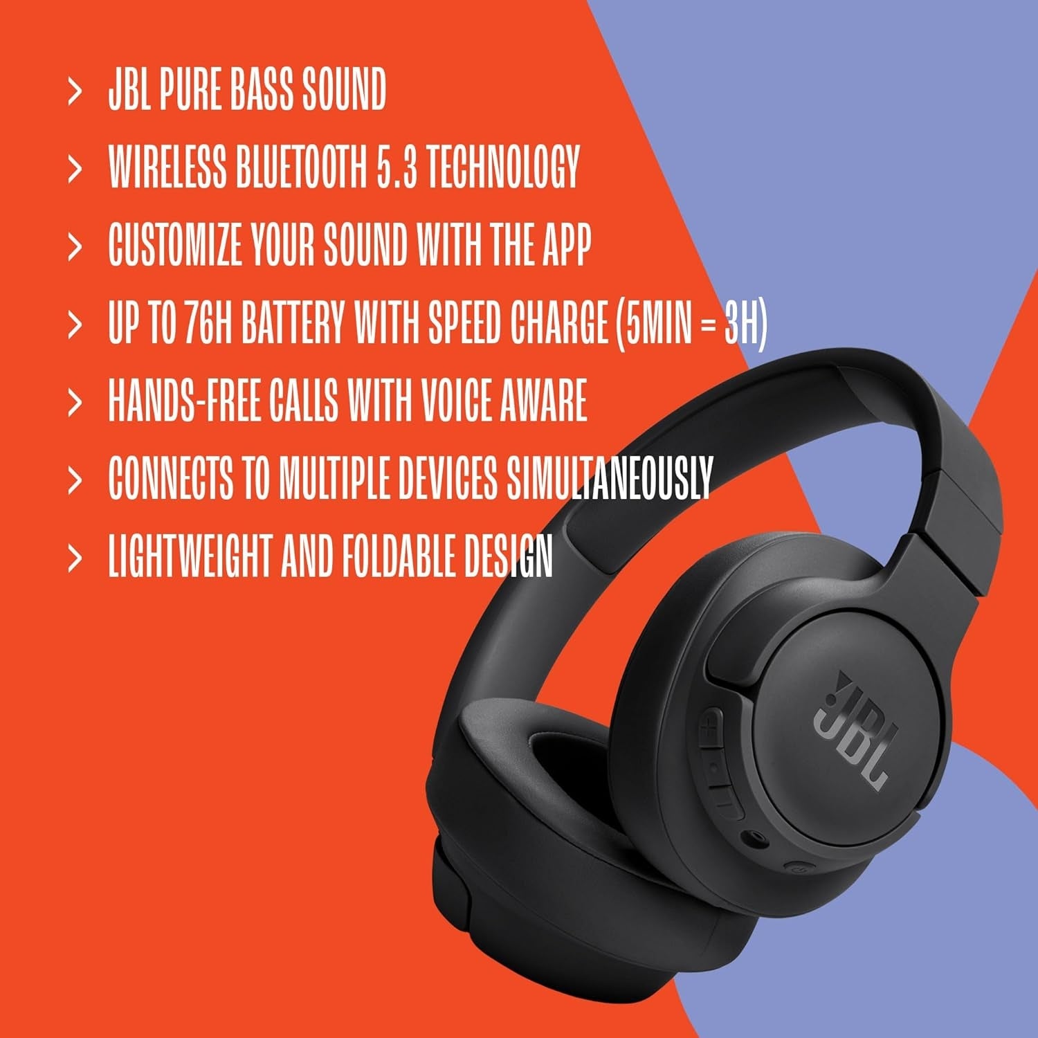 JBL Tune 720BT Wireless Headphones - Pure Bass, Bluetooth 5.3, 76-Hour Battery, Speed Charge - Lightweight & Foldable Design - Blue