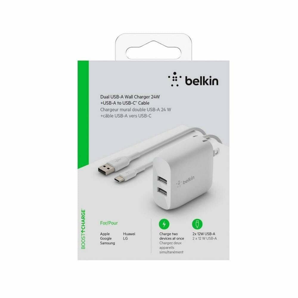 Belkin 24W Dual Port USB Wall Charger Block- USB C Cable Included