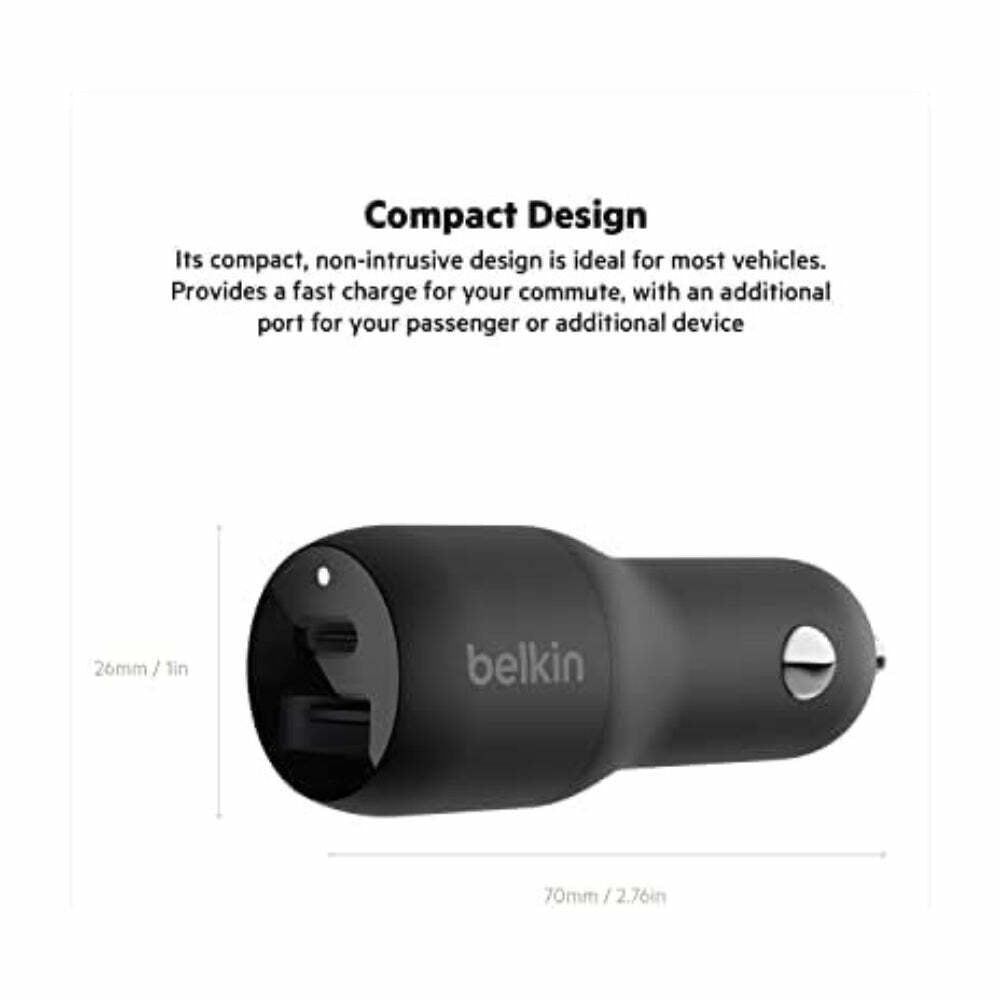 Belkin 37 Watt Dual USB Car Charger - Power Delivery 25W USB C Port & 12W USB A Port