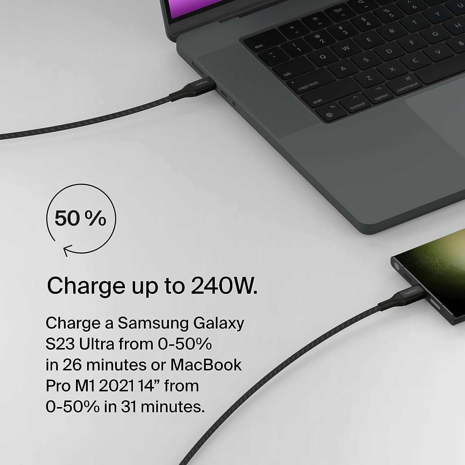 Belkin BoostCharge 240W USB-C® to USB-C Cable Fast Charging with Extended Power Range for MacBook, iPad, Galaxy S23 & More