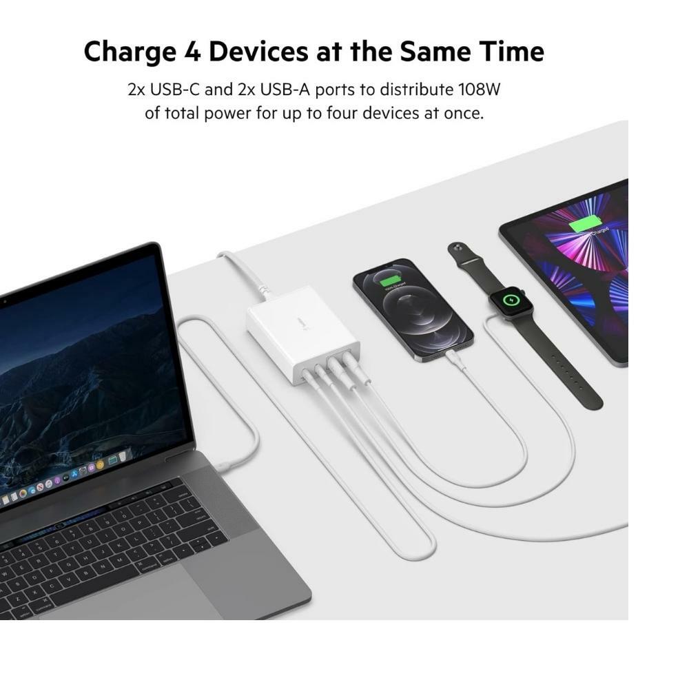 Belkin BoostCharge Pro 108W 4-Port GaN Charger, Multi-Port Desktop Charger Block w/ USB-C PD Fast Charge & USB-A Ports