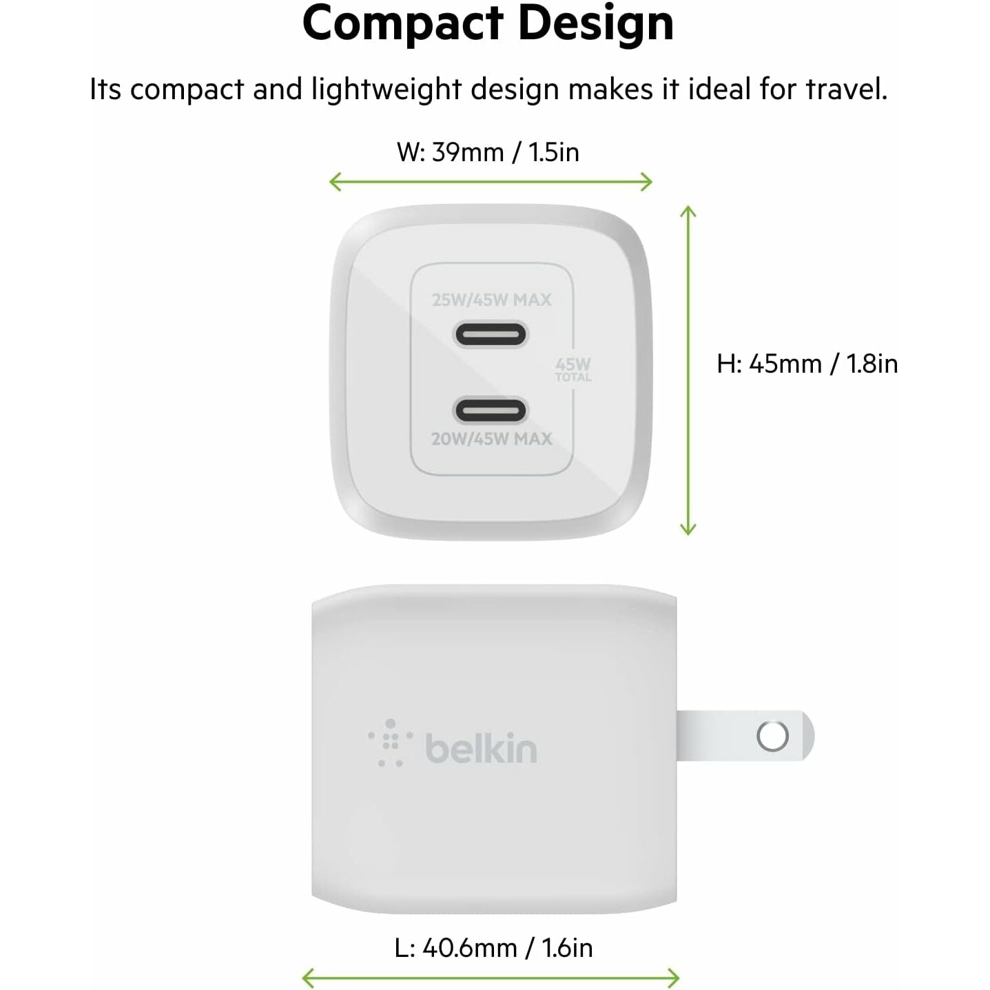 Belkin BoostCharge Pro 45W Dual USB-C GaN Wall Charger Fast Charging with PPS for iPhone 15, Galaxy S23 & More