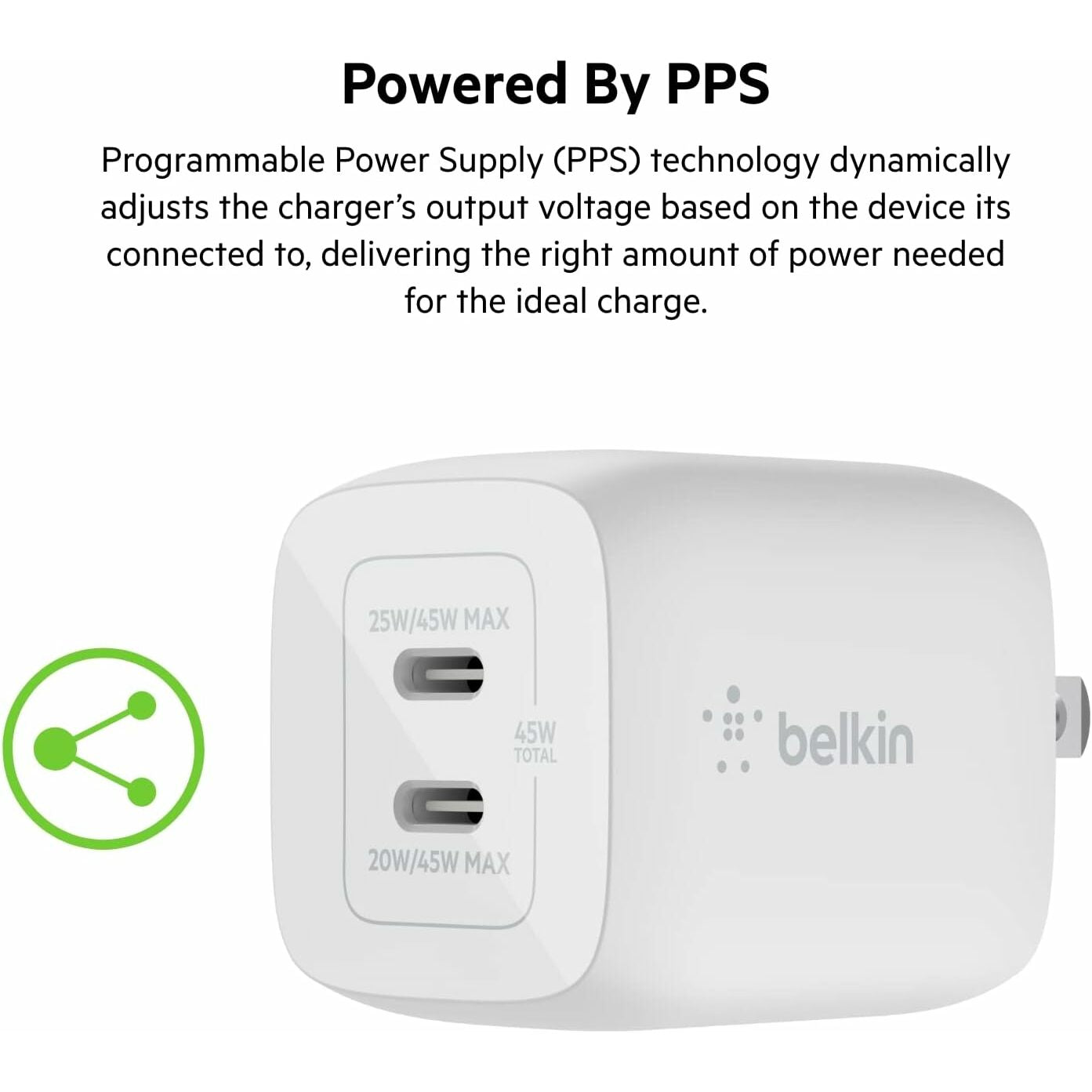 Belkin BoostCharge Pro 45W Dual USB-C GaN Wall Charger Fast Charging with PPS for iPhone 15, Galaxy S23 & More