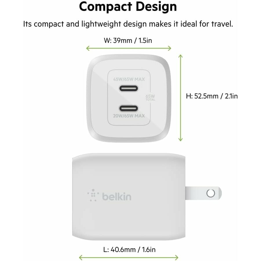 Belkin BoostCharge Pro 65W Dual USB-C GaN Wall Charger Fast Charging with PPS for iPhone 15, Galaxy S23 & MacBook