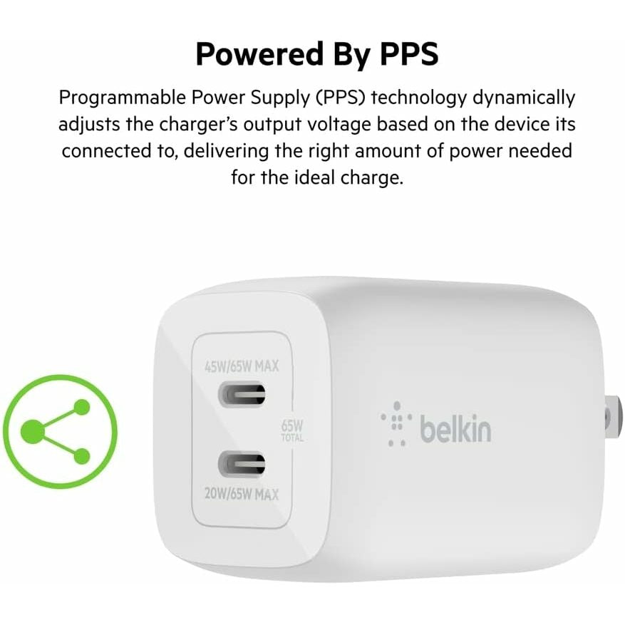 Belkin BoostCharge Pro 65W Dual USB-C GaN Wall Charger Fast Charging with PPS for iPhone 15, Galaxy S23 & MacBook