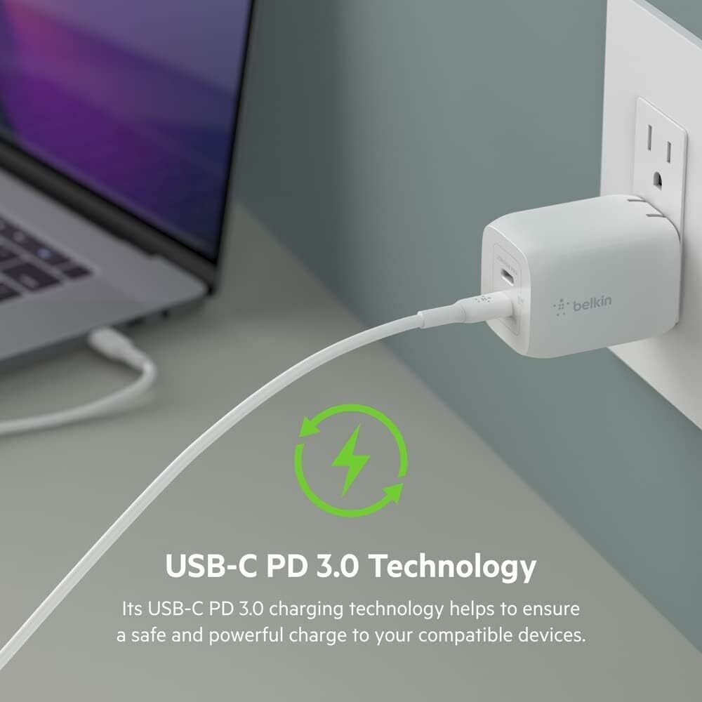 Belkin BoostCharge Pro 65W Dual USB-C GaN Wall Charger Fast Charging with PPS for iPhone 15, Galaxy S23 & MacBook