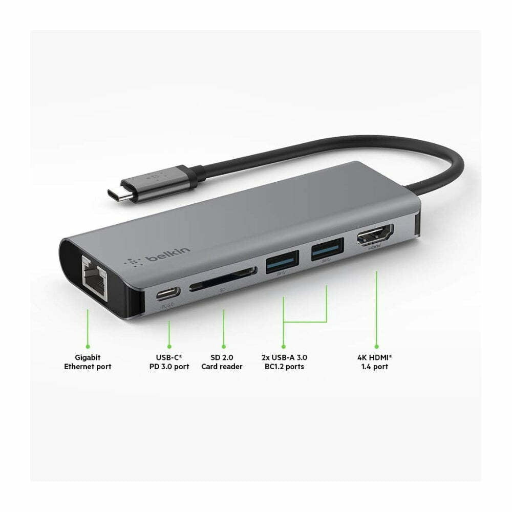 Belkin USB C Hub, 6-in-1 Multi Port Adapter Dock with 4K HDMI, USB-C