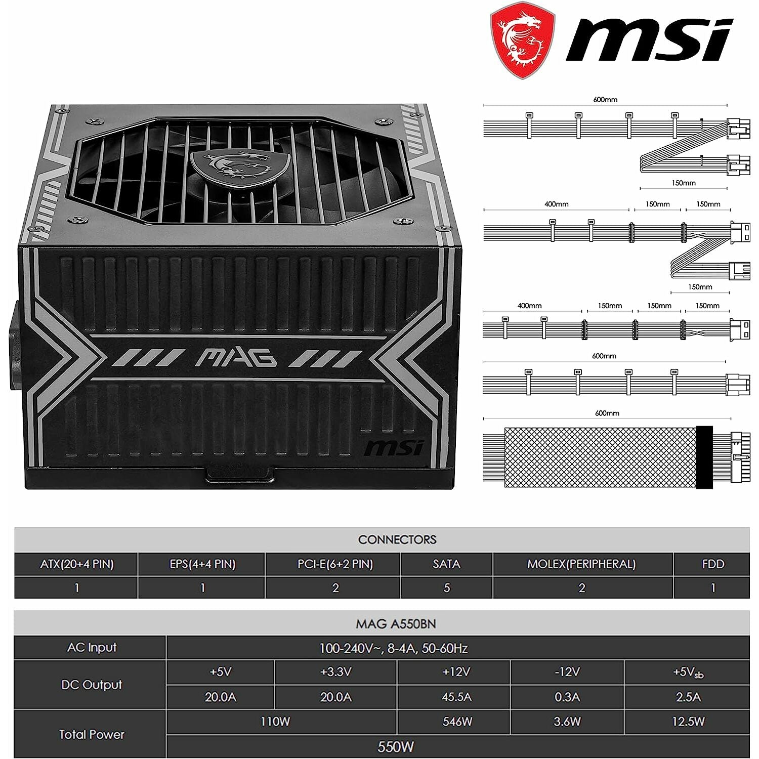 MSI Gaming Power Supply MAG A550BN 550W 20+4 pin ATX