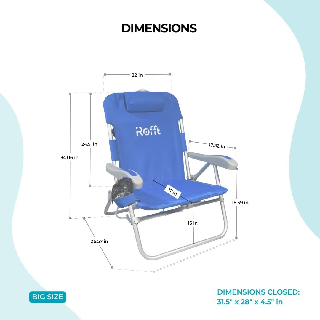 ROFFT - Beach Chair Folding Reclining Backpack, 5 Positions, Heavy Duty, Oversize