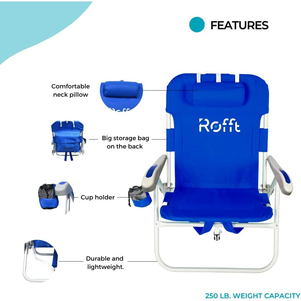 ROFFT - Beach Chair Folding Reclining Backpack, 5 Positions, Heavy Duty, Oversize