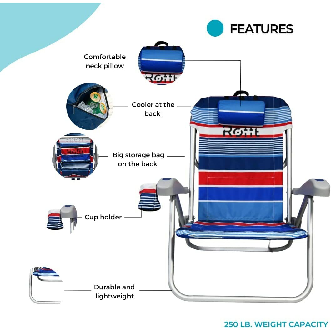 ROFFT - Beach Chair Folding Reclining Backpack, 6 Positions Lay Flat Medium