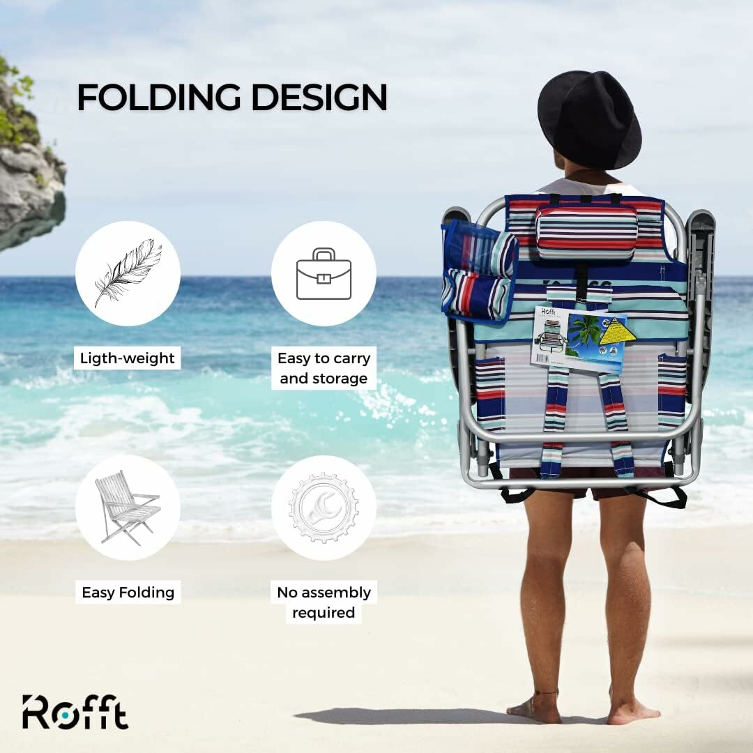 ROFFT - Beach Chair Folding Reclining Backpack, 6 Positions Lay Flat, Short